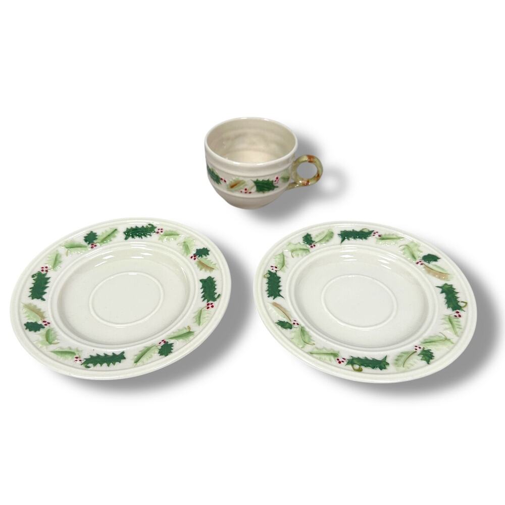 Vintage Belleek Holly Demitasse Cup &‎ 2 Saucers Ivory Round Porcelain Christmas